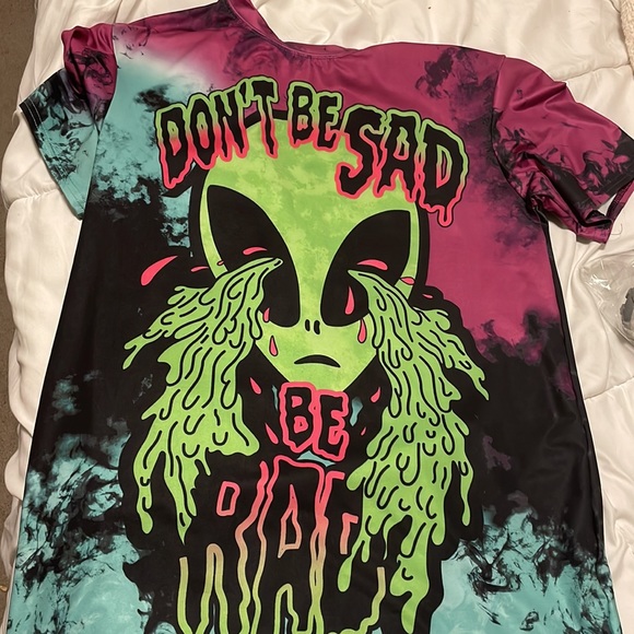 Dont Be Sad Be Rad Crying Alien Head Double Sided Tie Dye Unisex M/L Stretch Top - Picture 4 of 8